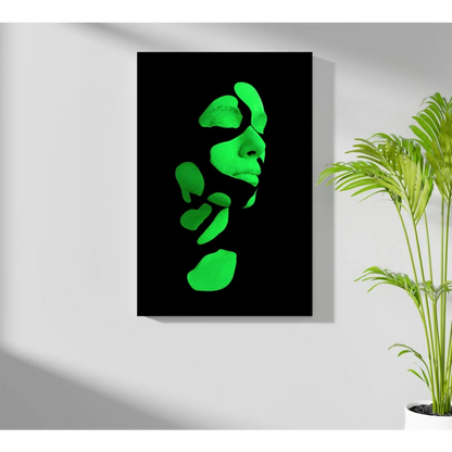 Glowing green abstract face portrait on Insigne Aluminum Prints