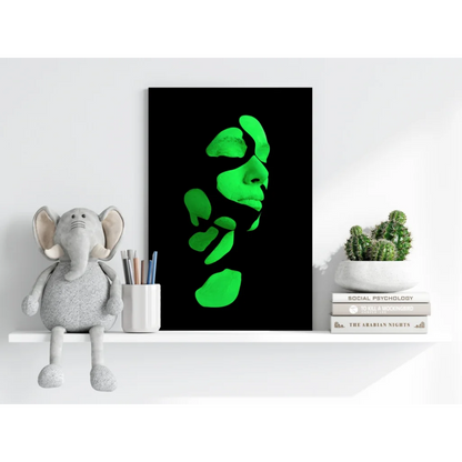 Striking neon green abstract face on black canvas, Insigne Aluminum Prints