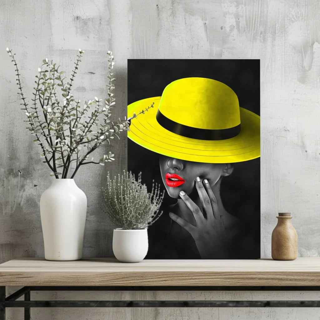 Vibrant yellow fedora portrait on insigne aluminum prints