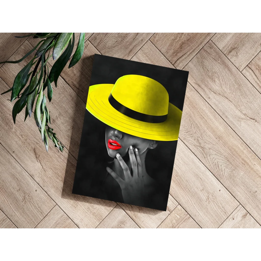 Vibrant yellow fedora on black band in monochrome portrait, insigne aluminum print