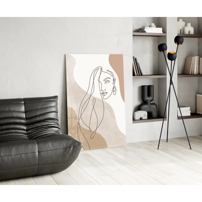 Minimalist glass wall art portrait of woman with long hair on beige swirls