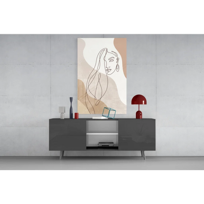 Minimalist glass wall art print of womans abstract portrait on beige swirls
