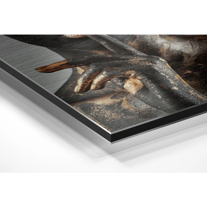 Black gold metallic handprint on brushed aluminium dibond panel