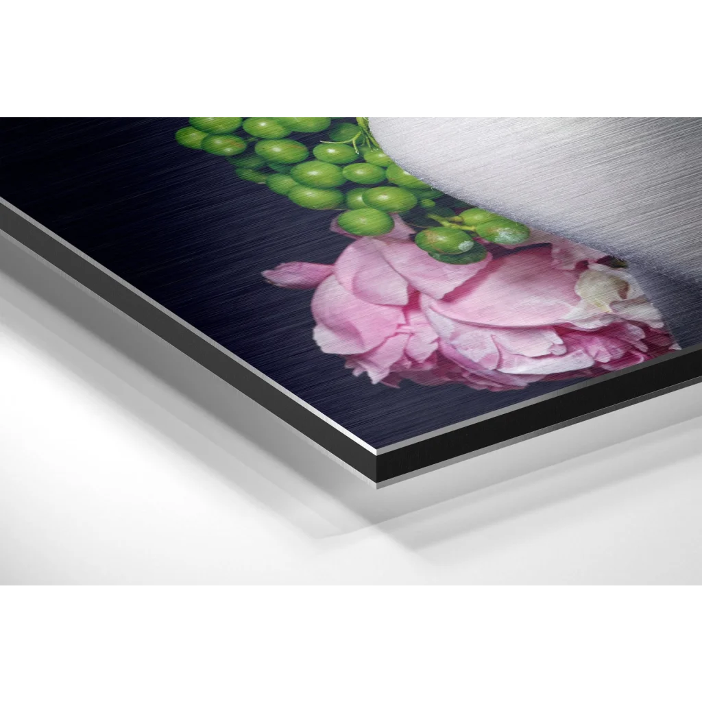 Vibrant green grapes and pink peonies on brushed aluminium dibond print