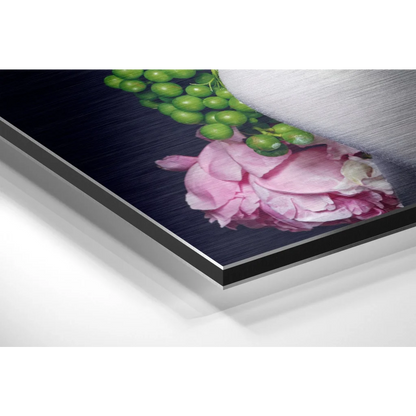 Vibrant green grapes and pink peonies on brushed aluminium dibond print