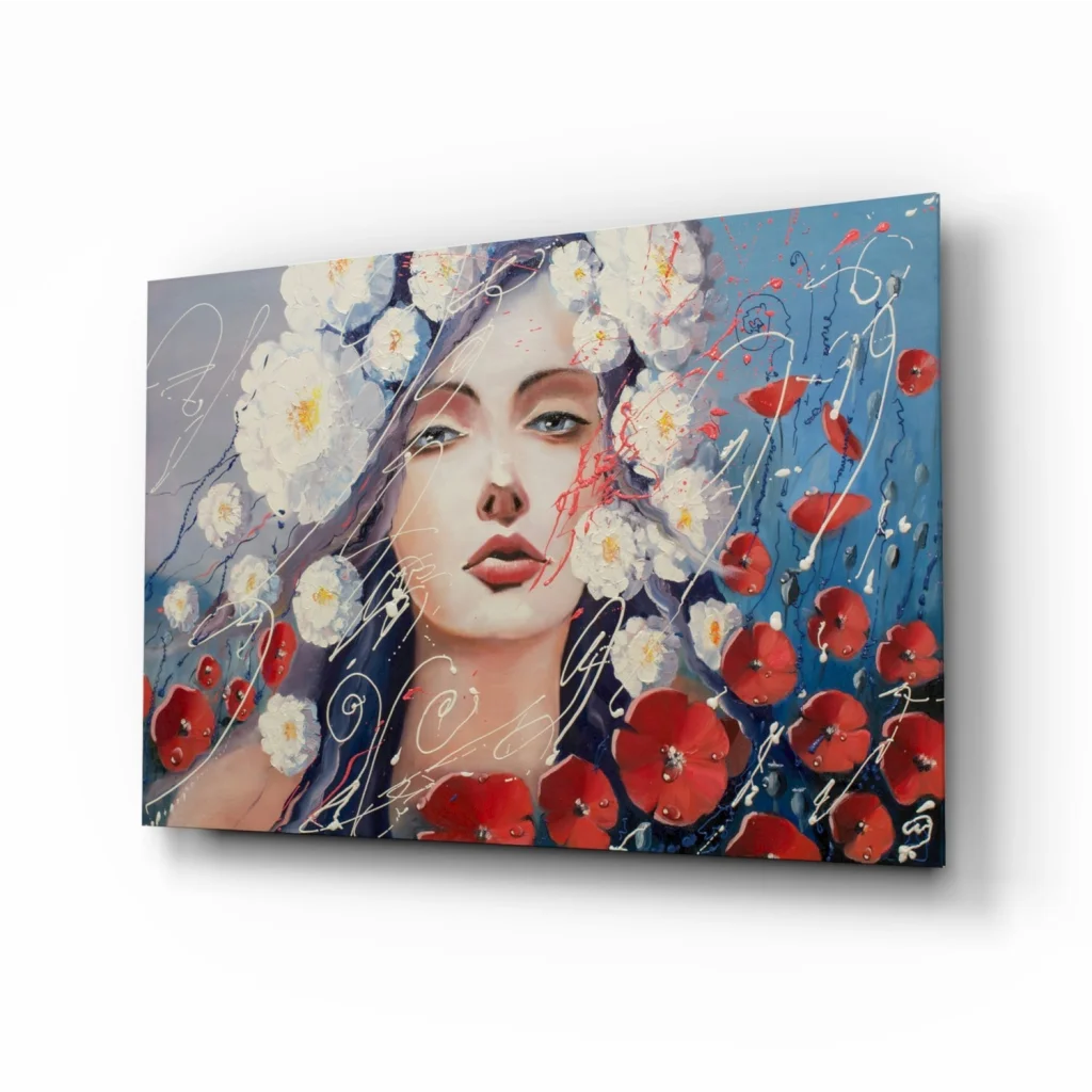 Floral Woman Canvas Wall Art with Red and White Blooms | Insigneart USA | vintageantiquesgifts.com