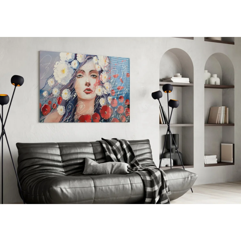 Floral Woman Canvas Wall Art with Red and White Blooms | Contemporary Home Wall Art | vintageantiquesgifts.com