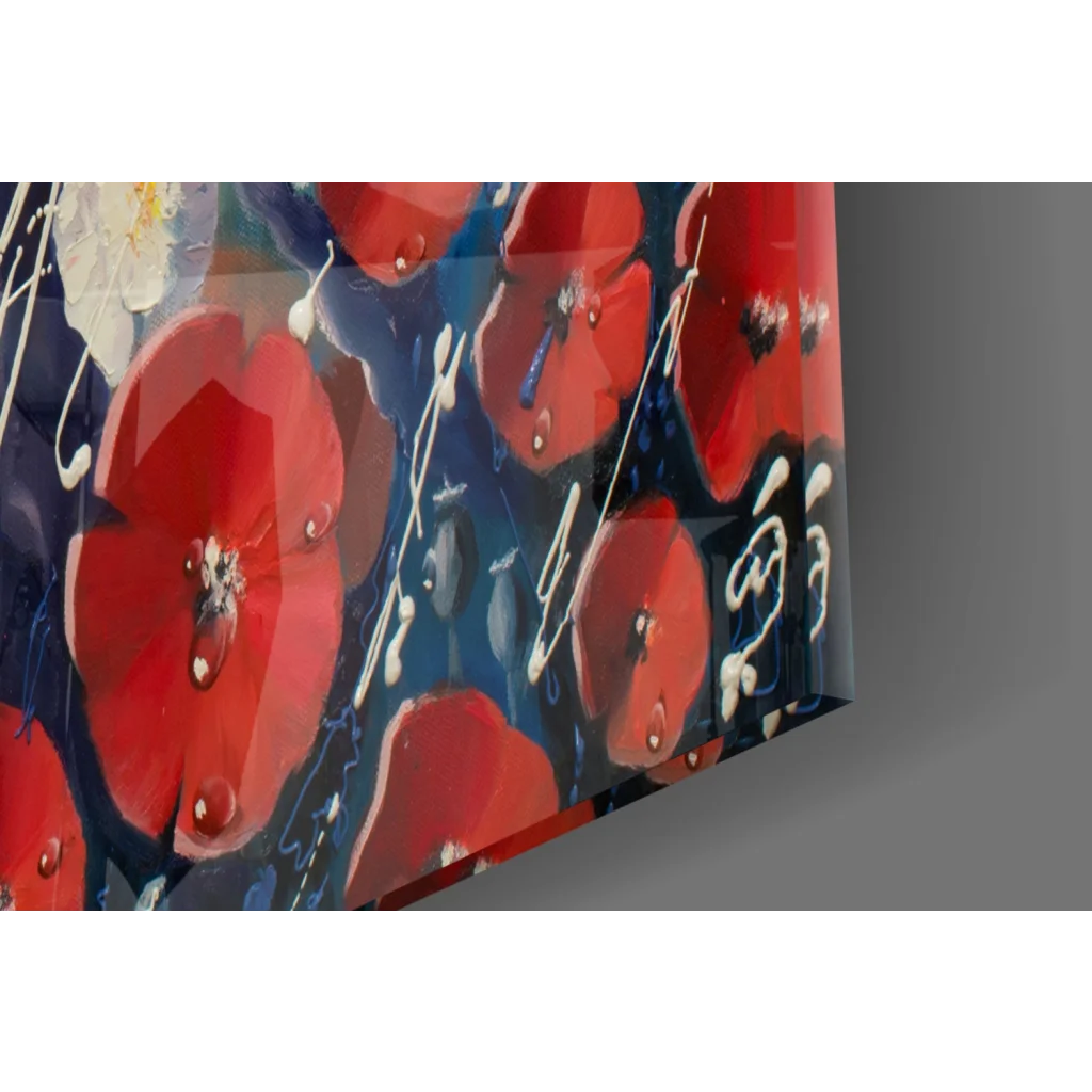 Abstract red poppy wall art on canvas with white blooms