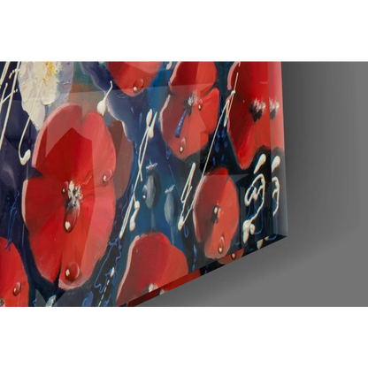 Abstract red poppy wall art on canvas with white blooms