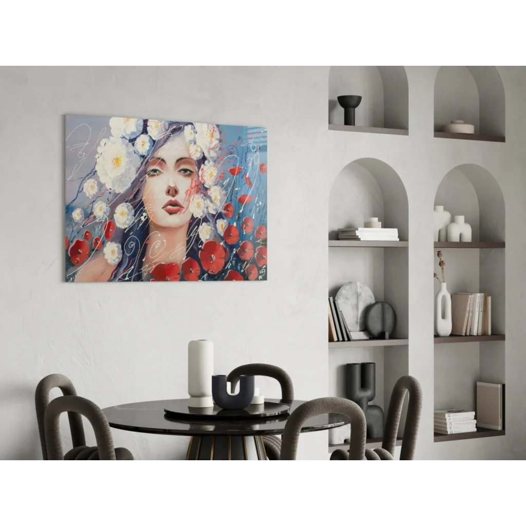 Vibrant floral woman canvas wall art with red and white blooms