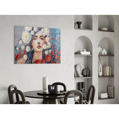 Vibrant floral woman canvas wall art with red and white blooms
