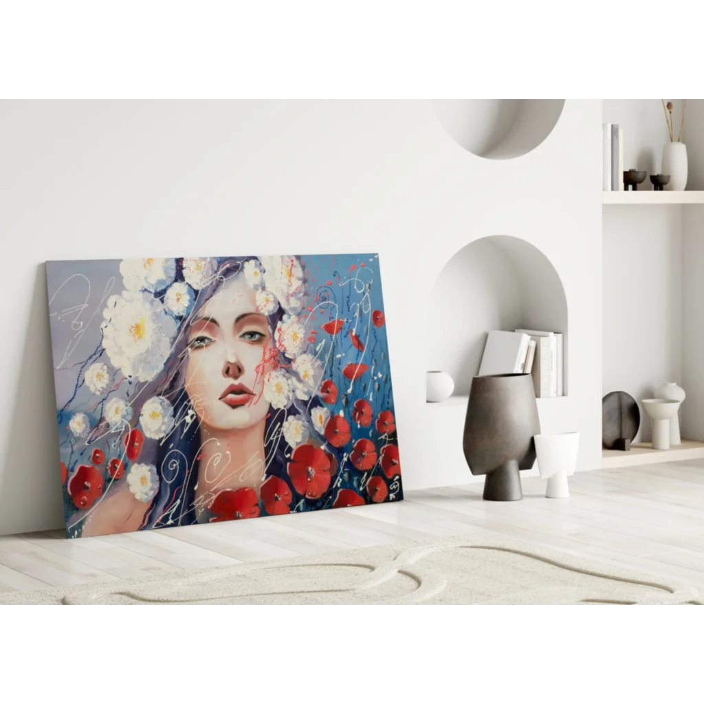 Floral Woman Canvas Wall Art with Red and White Blooms | Modern Wall Art Decor | vintageantiquesgifts.com