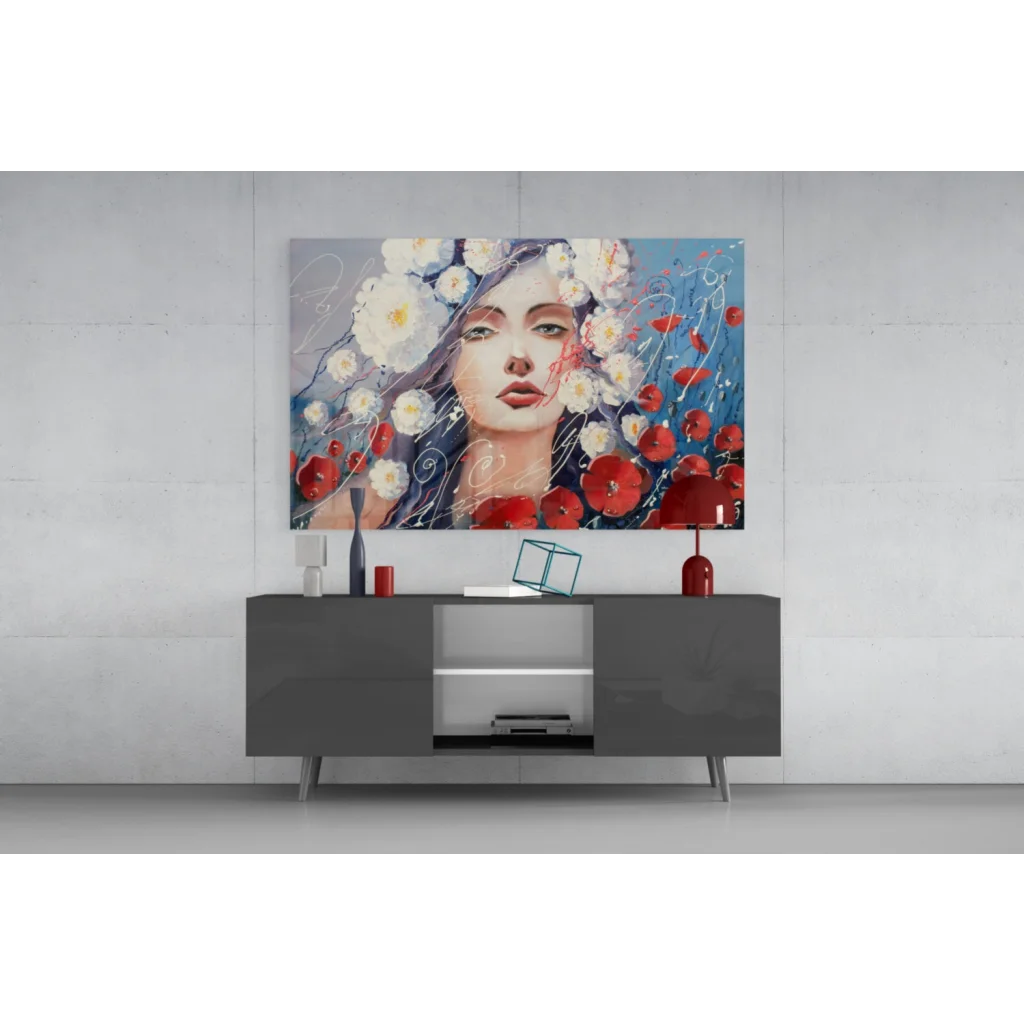 Vibrant floral woman canvas wall art with red and white blooms