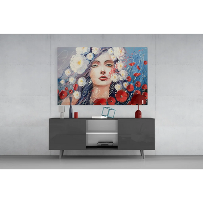 Vibrant floral woman canvas wall art with red and white blooms