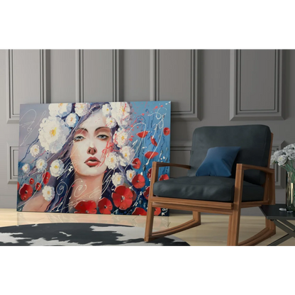 Vibrant floral woman canvas wall art with red and white blooms