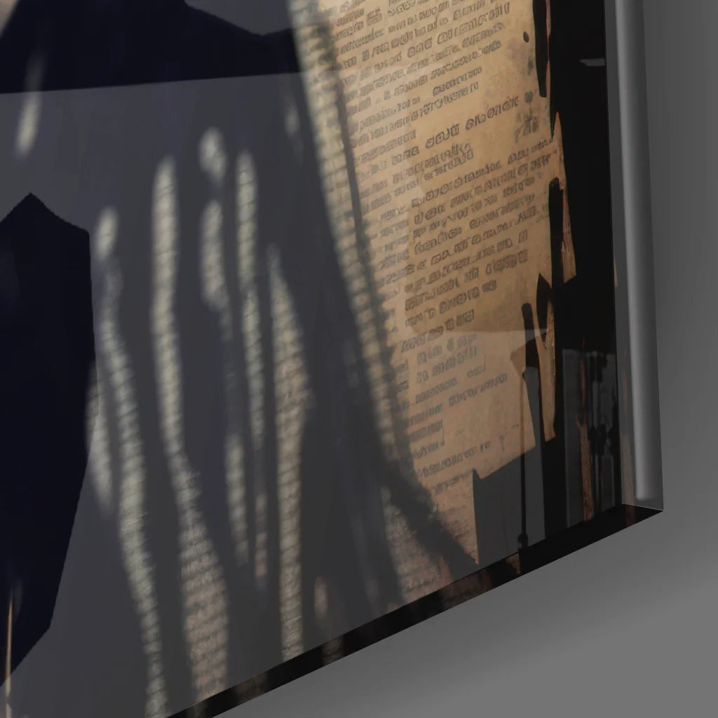 Vintage yellowed document on stunning tempered glass art portrait