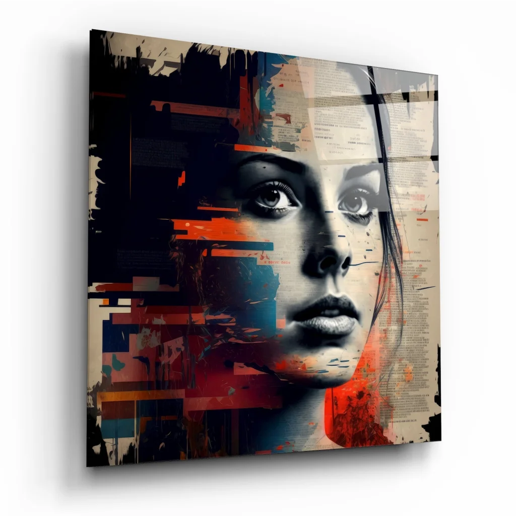 Stylized female face on stunning tempered glass art with bold abstract design