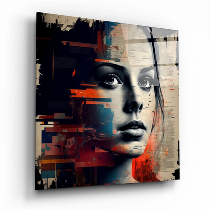 Stylized female face on stunning tempered glass art with bold abstract design
