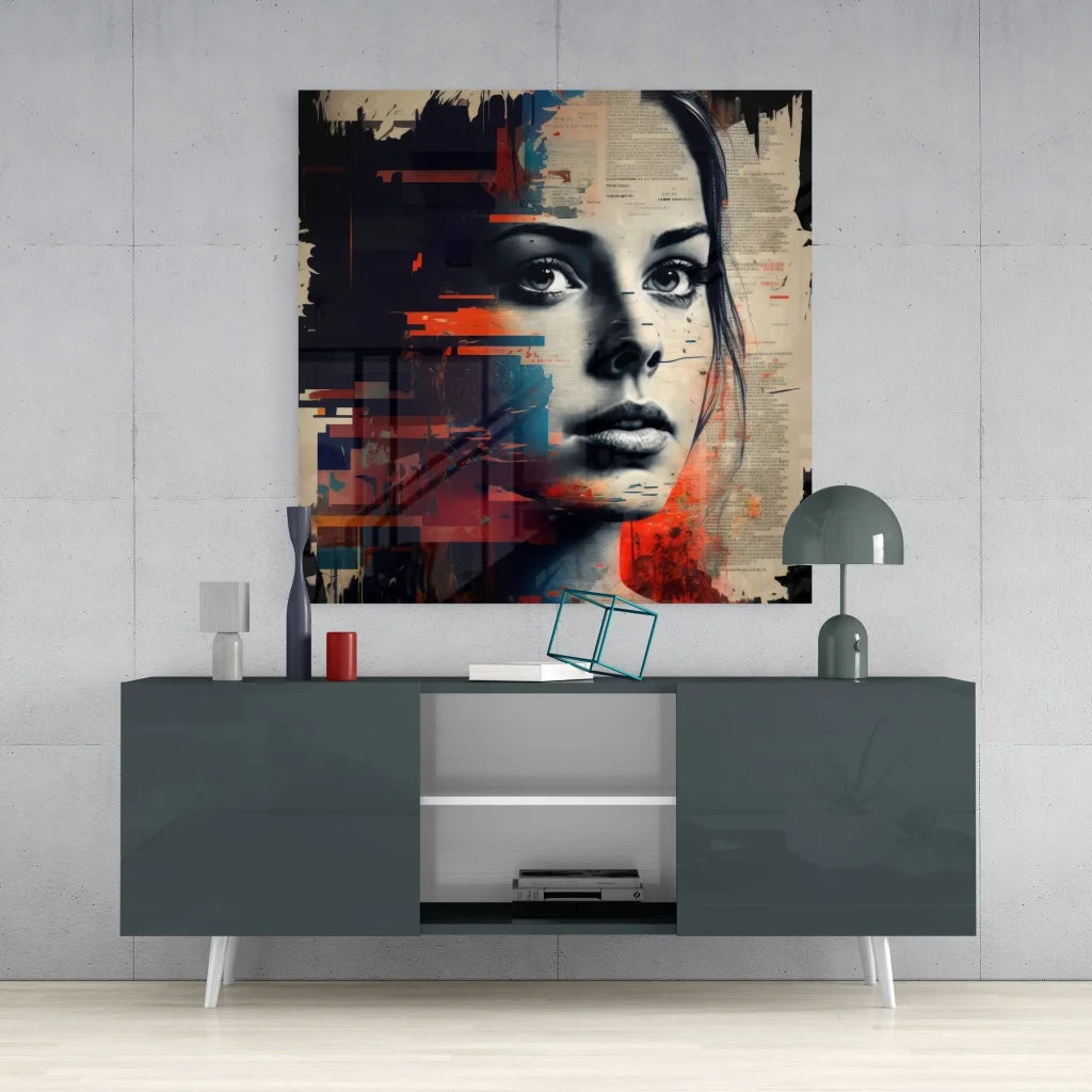 Stylized female portrait on stunning tempered glass art with bold abstract face design