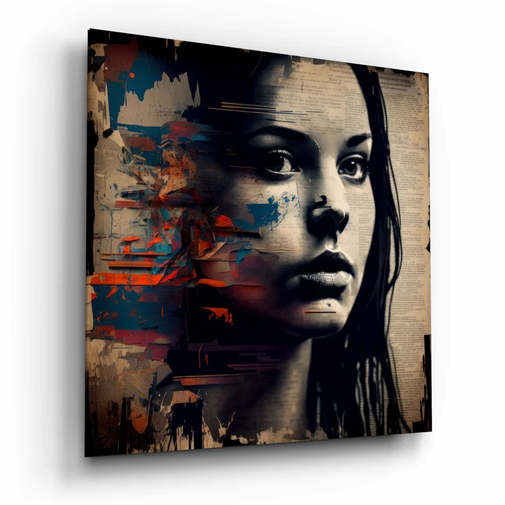 Stunning tempered glass art portrait of womans abstract face with bold red and blue splashes on sepia newspaper background
