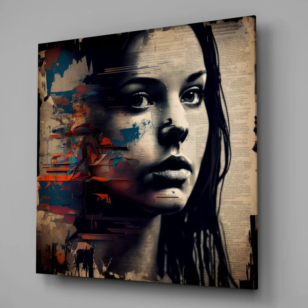 Stylized woman portrait on tempered glass art with bold abstract splashes