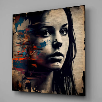 Stylized woman portrait on tempered glass art with bold abstract splashes