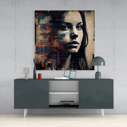 Stunning tempered glass art portrait of woman’s face with bold black, blue, orange splashes on beige