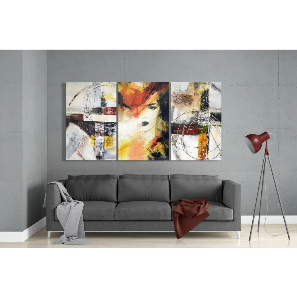 Bold orange portrait triptych wall art with abstract brushstrokes