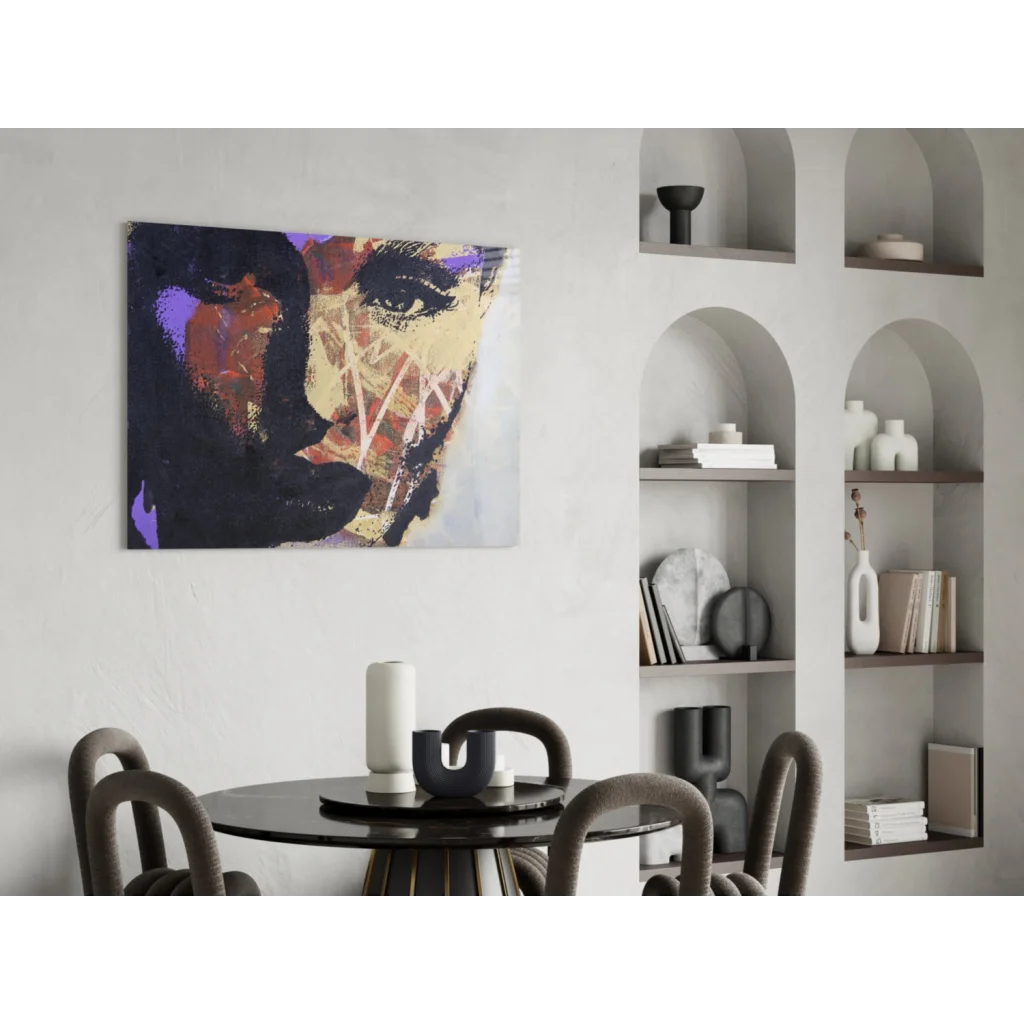 Bold abstract portrait canvas wall art with geometric eye in black, purple, gold, red on white