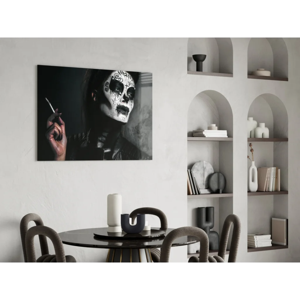 Black-and-white sugar skull portrait wall art canvas with cigarette