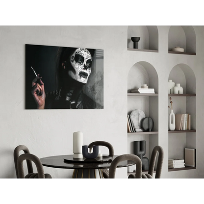 Black-and-white sugar skull portrait wall art canvas with cigarette