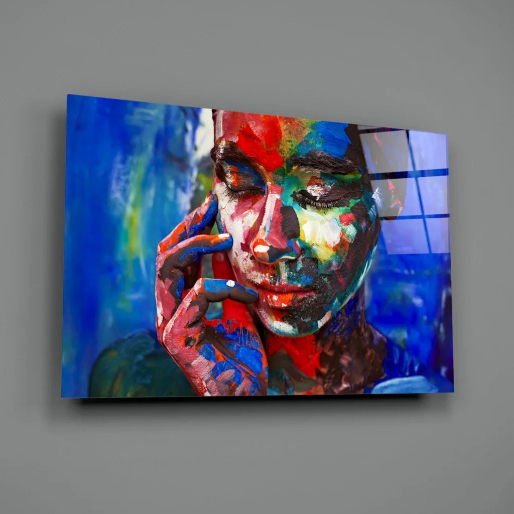 Vibrant abstract portrait canvas wall art with bold red blue green yellow strokes