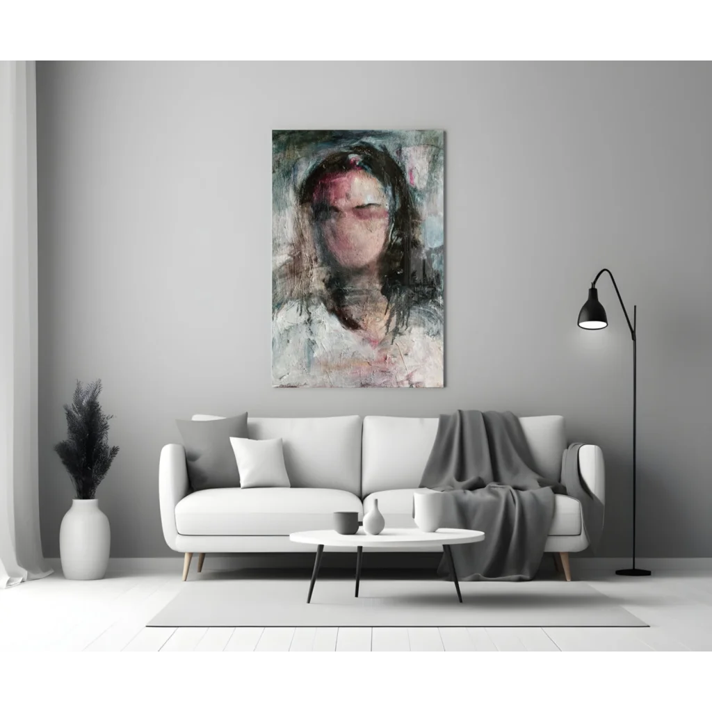 Stunning abstract portrait wall art with textured brushstrokes in gray, white, pink