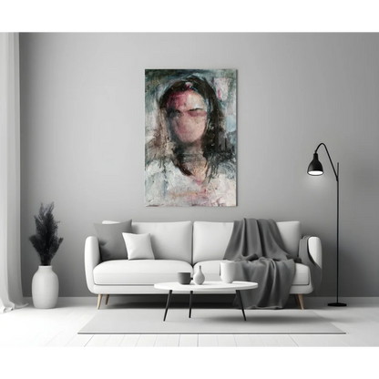 Stunning abstract portrait wall art with textured brushstrokes in gray, white, pink
