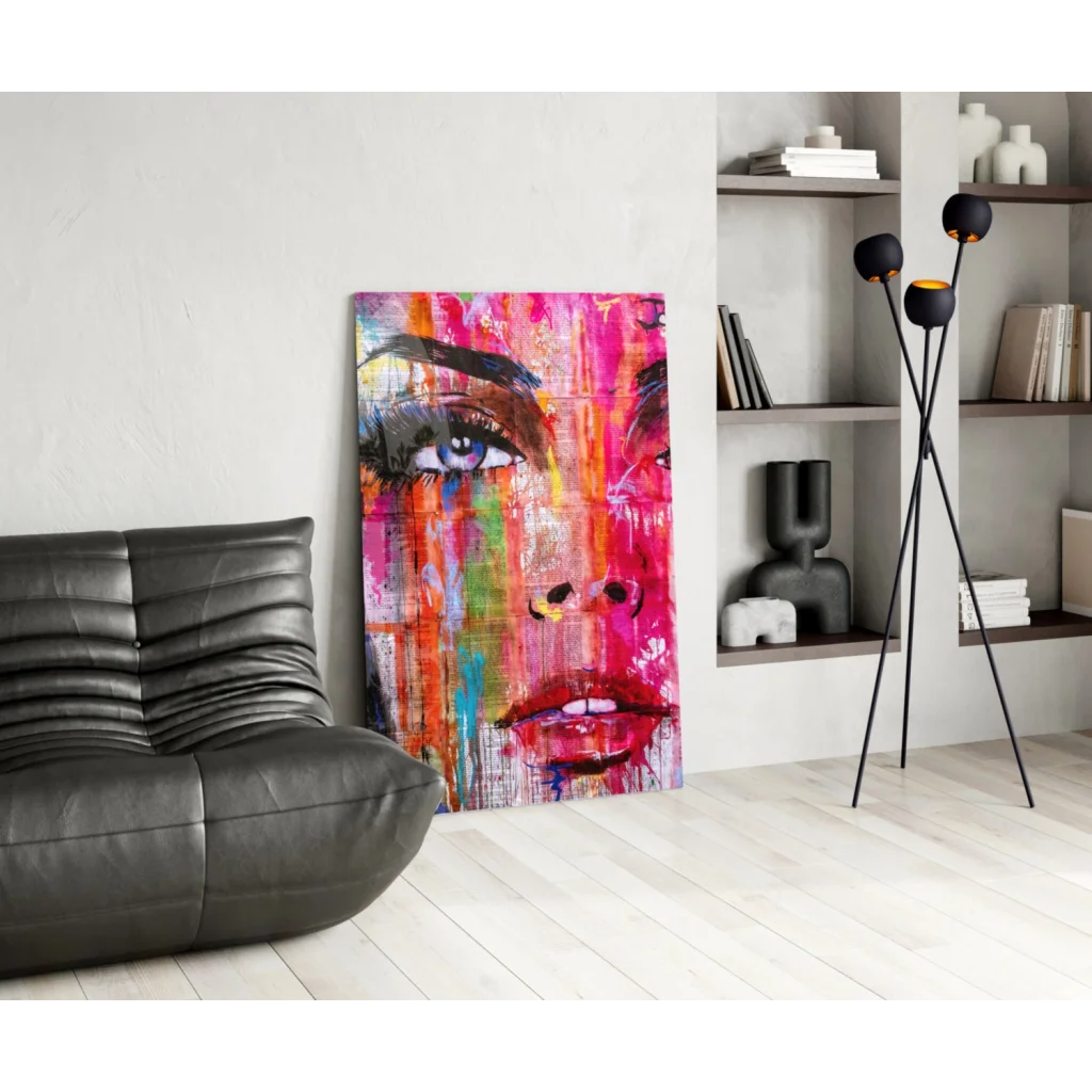 Vibrant abstract glass wall art portrait in pink, orange, blue hues