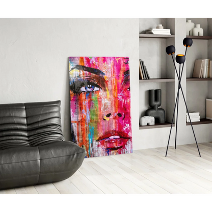 Vibrant abstract glass wall art portrait in pink, orange, blue hues