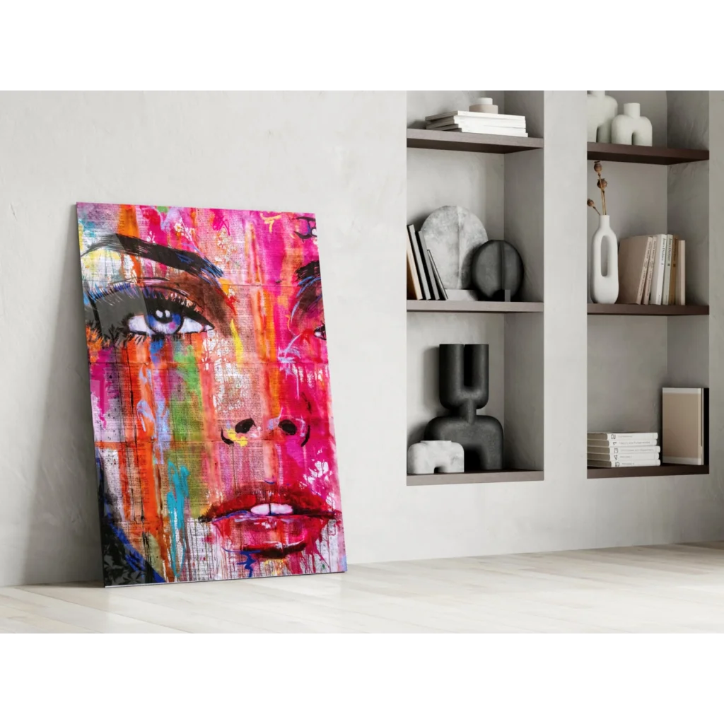 Vibrant abstract glass wall art portrait with pink, orange, blue strokes