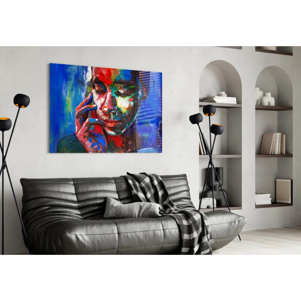 Vibrant bold abstract portrait canvas wall art with vivid red, blue, green strokes