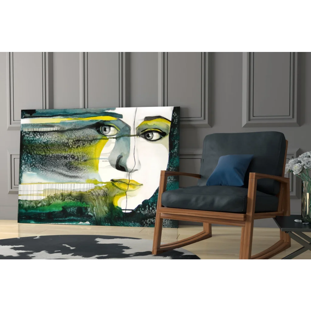 Bold abstract face wall art on canvas with vibrant green, yellow, and teal tones