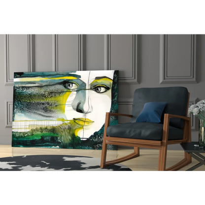 Bold abstract face wall art on canvas with vibrant green, yellow, and teal tones