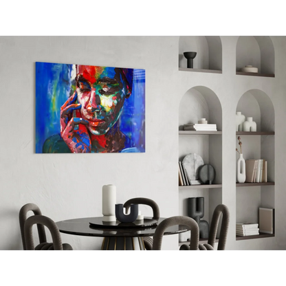 Vibrant abstract portrait wall art with bold red, blue, green strokes