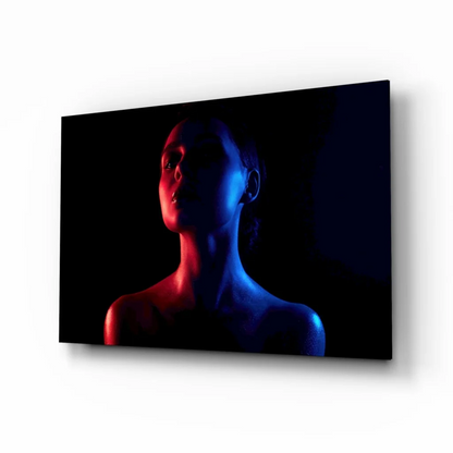 Neon silhouette glass wall art in red and blue lighting