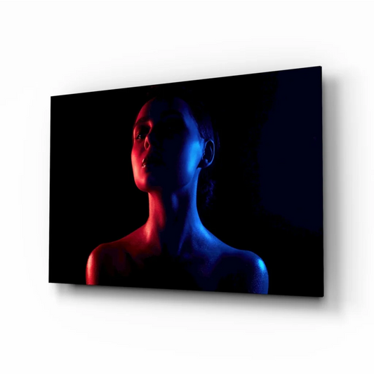 Neon silhouette glass wall art in red and blue lighting