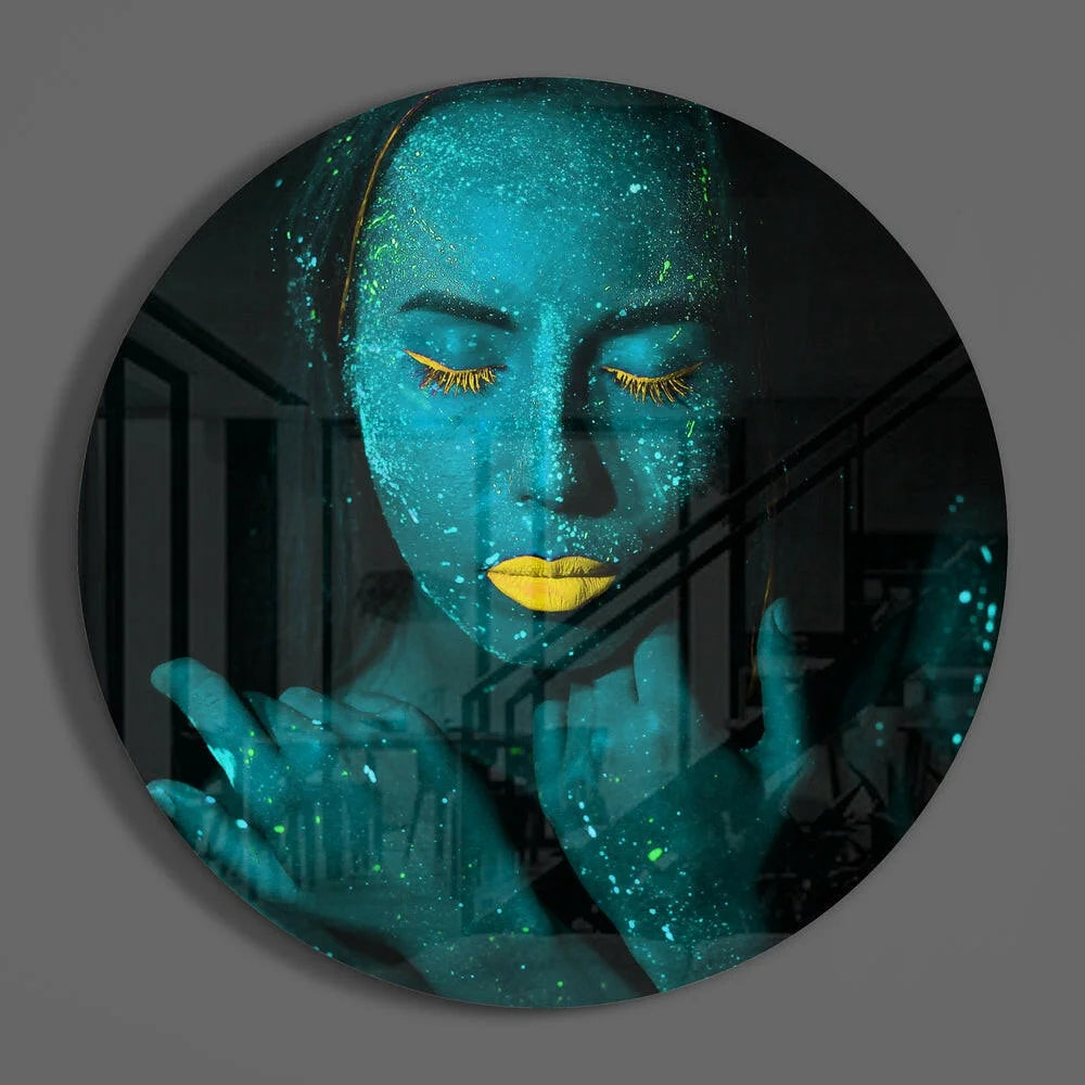 Glowing blue glitter woman on tempered glass art circle