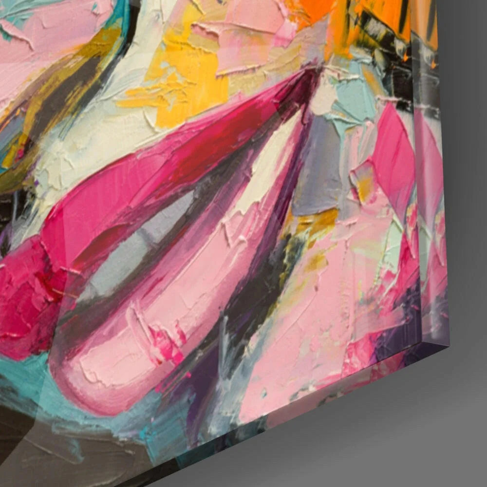 Bold abstract glass wall art with vibrant pink and teal brushstrokes