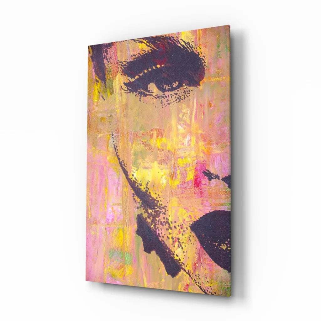 Vibrant bold abstract portrait glass wall art in pink yellow peach hues