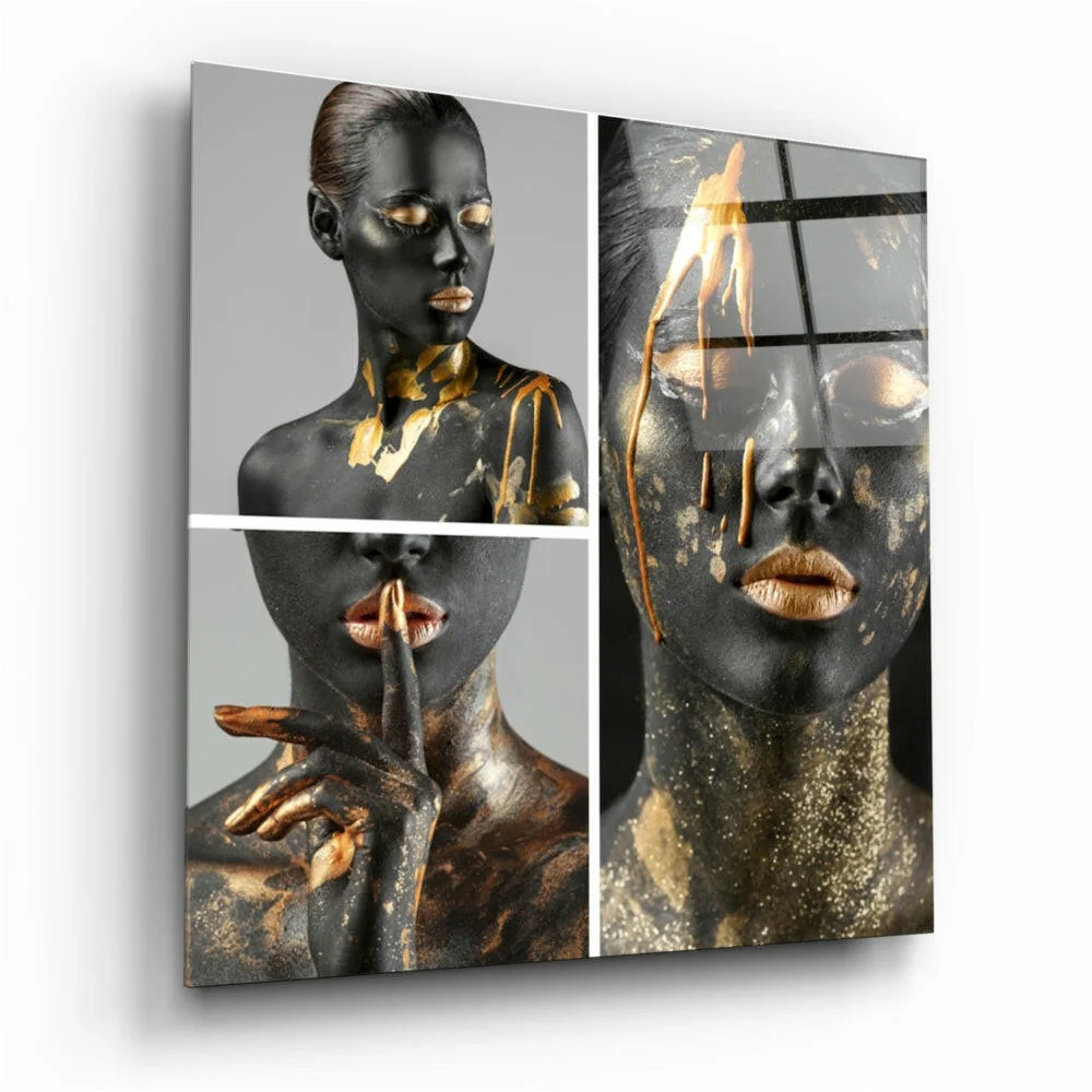 Black gold abstract woman glass wall art panel portrait