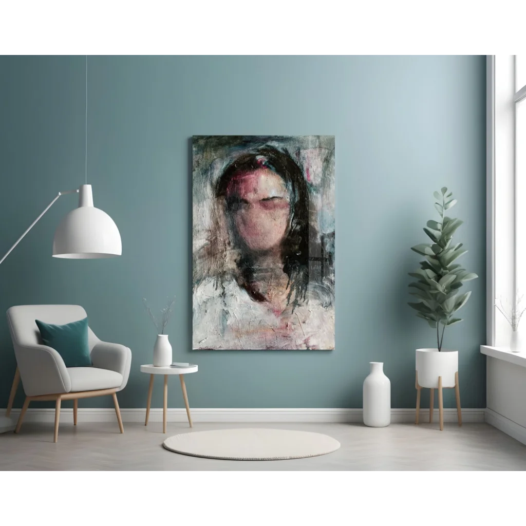 Stunning abstract portrait wall art with textured brushstrokes in muted gray, white, soft pink