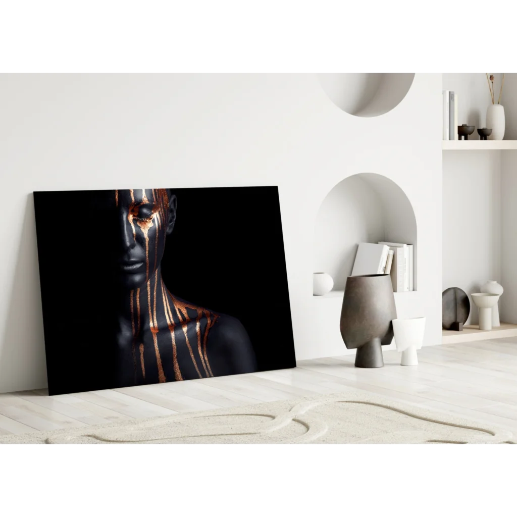 Black canvas wall art with golden drip portrait in abstract style