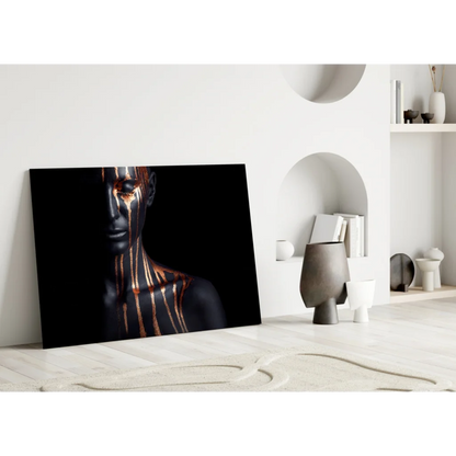 Black canvas wall art with golden drip portrait in abstract style